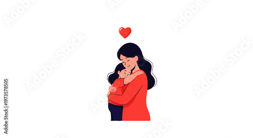 Vector flat design illustration of a mother tenderly hugging her child with a red heart above them symbolizing love
