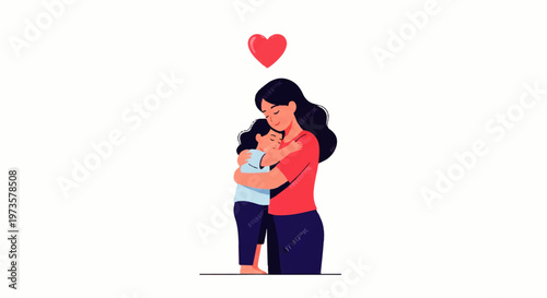 Vector flat design illustration of a mother tenderly hugging her daughter with a red heart above, symbolizing love