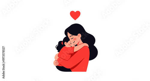 Vector flat design illustration of a loving mother embracing her child with a red heart above them symbolizing affection
