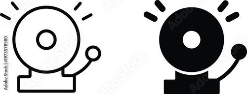 Ringing fire alarm bell icons, emergency alert signal vector set, black outline and solid school bell symbols for safety and notification