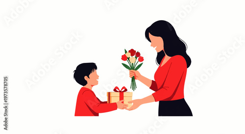 Vector flat design illustration of a young boy giving a gift and flowers to his mother on Mother's Day celebration