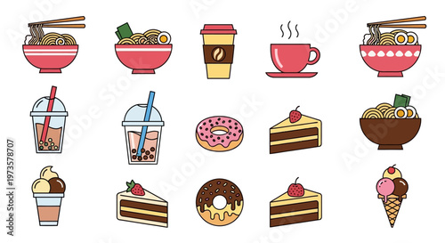 A collection of various food and drink icons, including noodles, coffee, ice cream, cake, donuts, and bubble tea, presented in a clean, modern vector graphic style