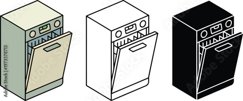 Dishwasher silhouette & Outline and illustration set isolated on transparent background