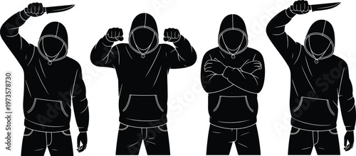 Hooded silhouettes, knife pose, aggressive stance, streetwear style, dark illustration, threatening posture, urban culture, monochrome design, crime concept, confrontation art