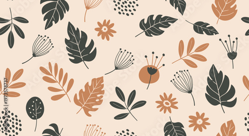 Seamless floral pattern with botanical motifs and abstract elements for textile and wallpaper design