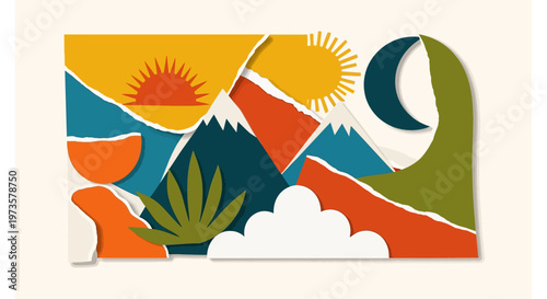 Abstract landscape illustration featuring sun, moon, mountains, and clouds, rendered in a minimalist, geometric style with torn paper effects, evoking a serene and natural ambiance