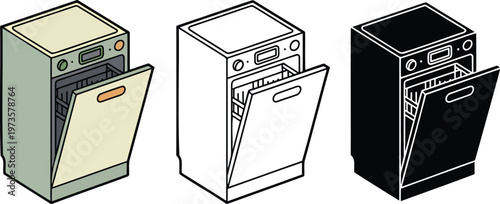 Dishwasher silhouette & Outline and illustration set isolated on transparent background