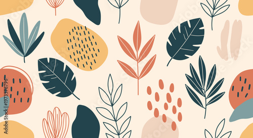 Abstract Floral Pattern with Organic Shapes and Botanical Elements in Earthy Tones