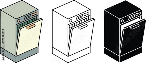 Dishwasher silhouette & Outline and illustration set isolated on transparent background