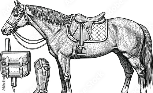 Horse with saddle and riding gear bridle reins