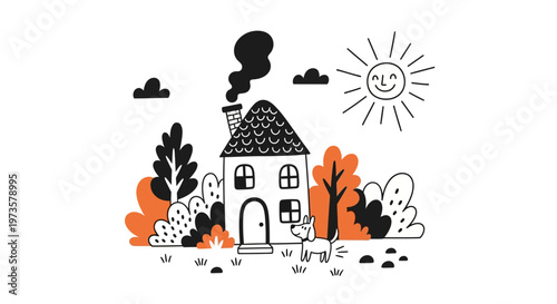 Whimsical illustration of a cozy house with smoke, surrounded by stylized trees, bushes, a smiling sun, and a deer, depicting a peaceful countryside scene