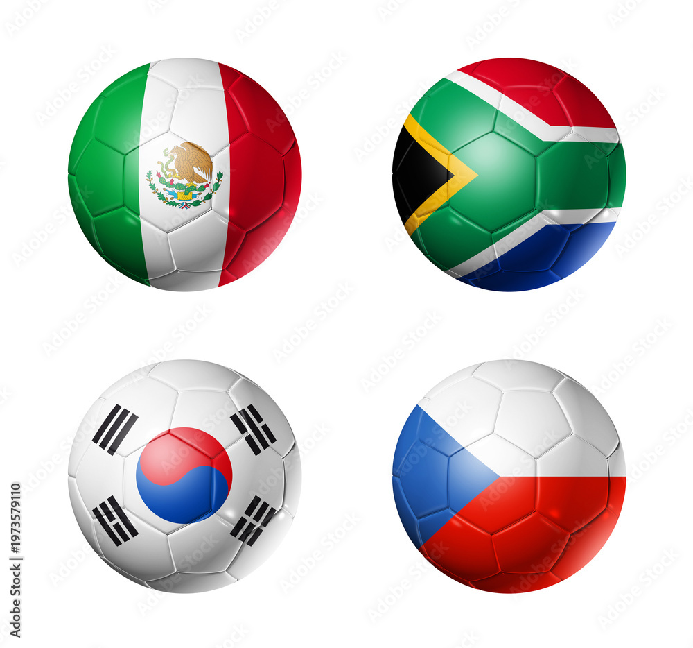 Obraz premium Football competition 2026 group A flags on soccer balls. 3D illustration isolated on white background