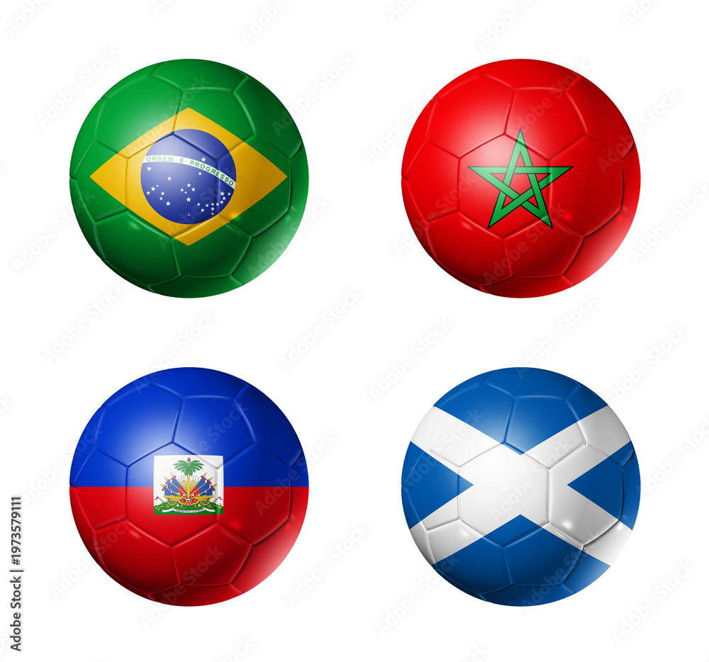 Obraz premium Football competition 2026 group C flags on soccer balls. 3D illustration isolated on white background