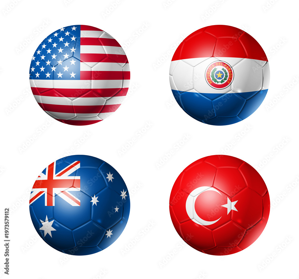 Fototapeta premium Football competition 2026 group D flags on soccer balls. 3D illustration isolated on white background