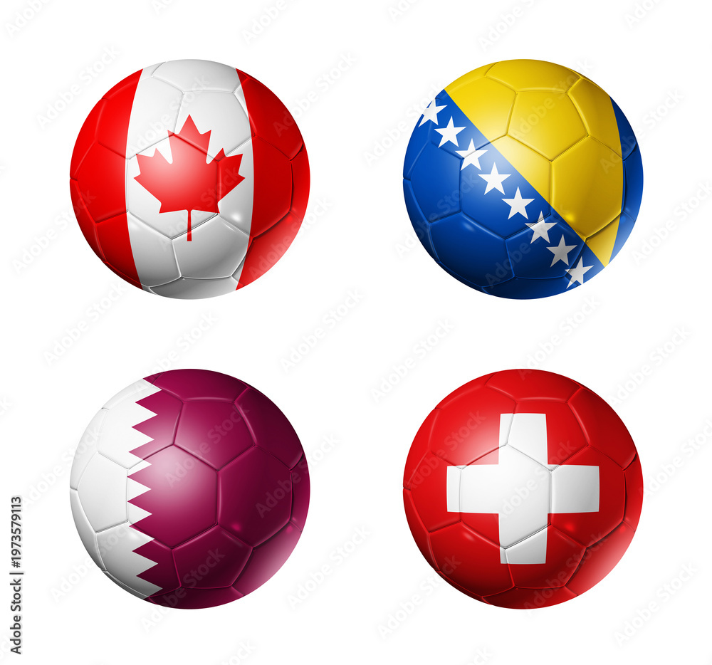 Fototapeta premium Football competition 2026 group B flags on soccer balls. 3D illustration isolated on white background