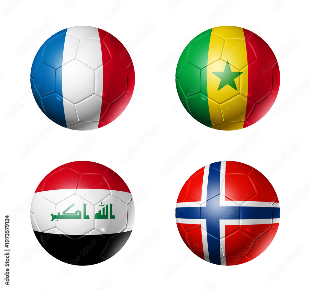 Fototapeta premium Football competition 2026 group I flags on soccer balls. 3D illustration isolated on white background
