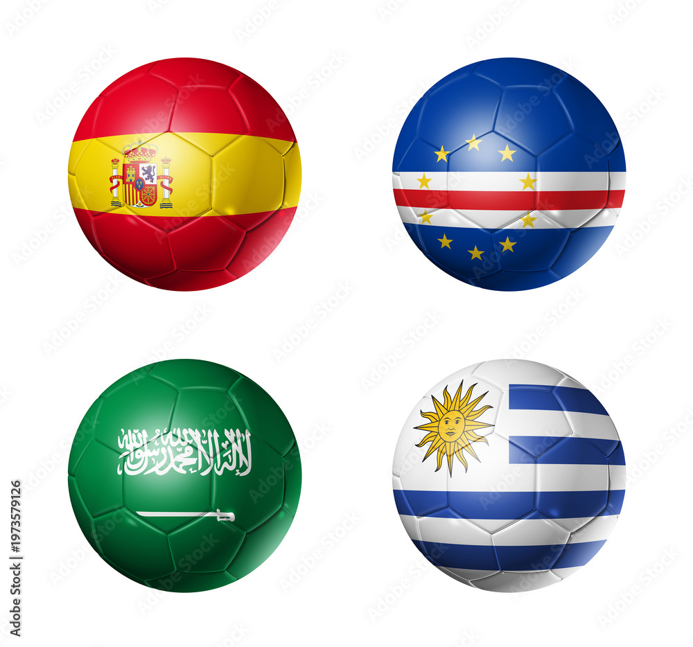 Fototapeta premium Football competition 2026 group H flags on soccer balls. 3D illustration isolated on white background