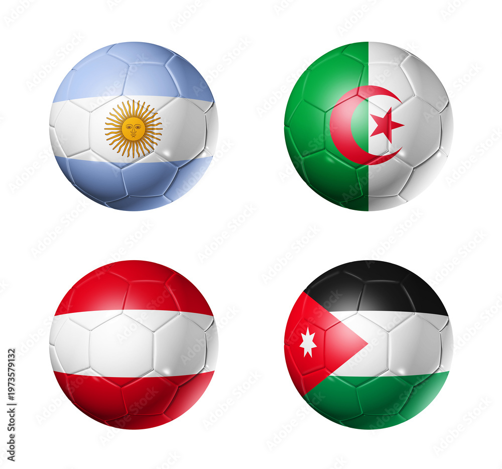 Fototapeta premium Football competition 2026 group J flags on soccer balls. 3D illustration isolated on white background