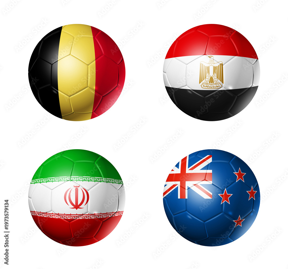 Obraz premium Football competition 2026 group G flags on soccer balls. 3D illustration isolated on white background