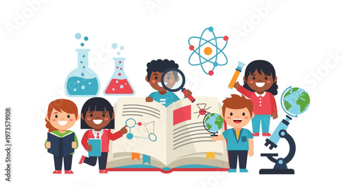 Diverse group of happy children engaged in science and education, exploring knowledge and discovery