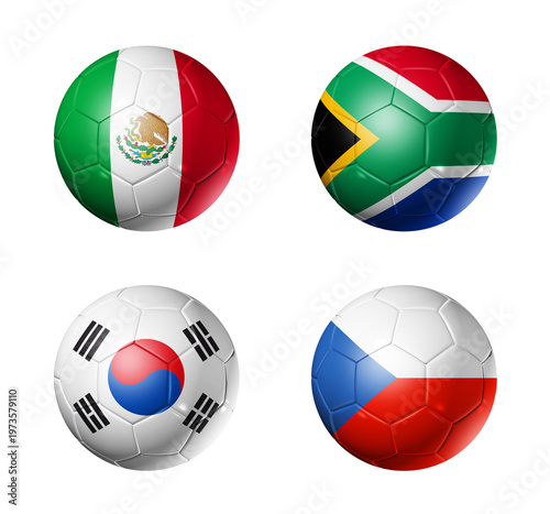 Football competition 2026 group A flags on soccer balls. 3D illustration isolated on white background