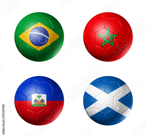 Football competition 2026 group C flags on soccer balls. 3D illustration isolated on white background
