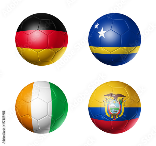 Football competition 2026 group E flags on soccer balls. 3D illustration isolated on white background