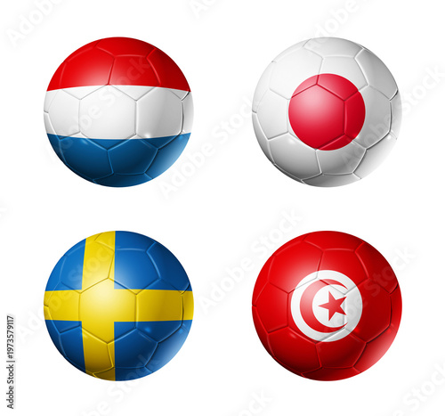 Football competition 2026 group F flags on soccer balls. 3D illustration isolated on white background