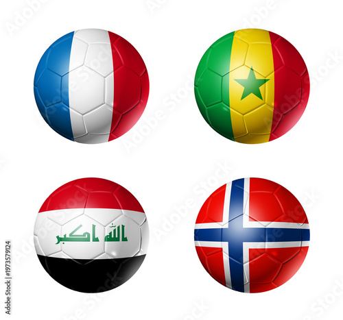 Football competition 2026 group I flags on soccer balls. 3D illustration isolated on white background