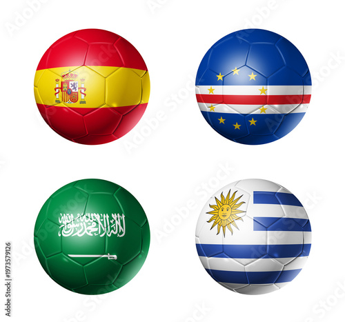 Football competition 2026 group H flags on soccer balls. 3D illustration isolated on white background