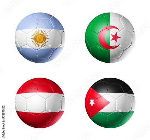 Football competition 2026 group J flags on soccer balls. 3D illustration isolated on white background