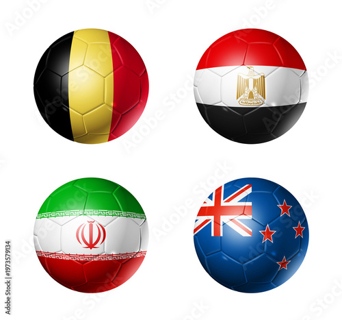 Football competition 2026 group G flags on soccer balls. 3D illustration isolated on white background