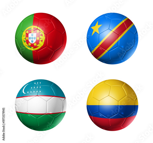 Football competition 2026 group K flags on soccer balls. 3D illustration isolated on white background
