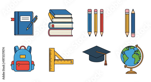 Essential Education Tools and School Supplies Vector Icon Set for Academic Learning and Student Life Illustrations