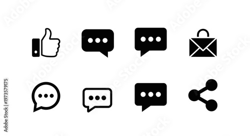 Social media icons like, message, email, chat, and share icons for digital communication and networking