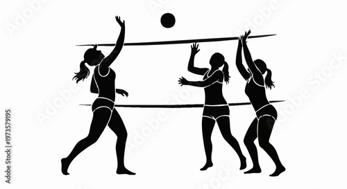 Silhouette of Female Volleyball Players Spiking and Blocking Ball