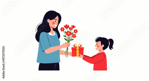 Vector flat design illustration of a daughter giving a gift and flowers to her mother on a special occasion