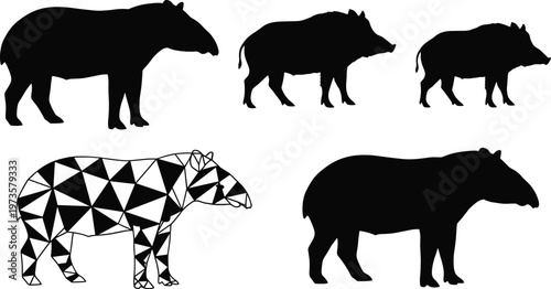Tapir animal silhouette set featuring geometric and realistic styles isolated on white background, wildlife mammal illustration for nature, zoo, and conservation design use