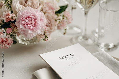 Elegant Wedding Table Setting with Menu and Floral Centerpiece.