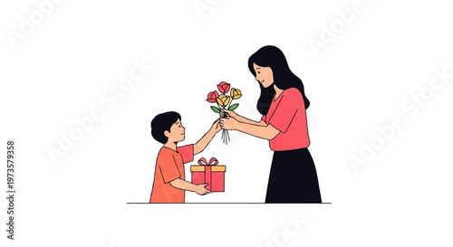 Vector flat design illustration of a young boy giving a gift and flowers to his mother on a special occasion
