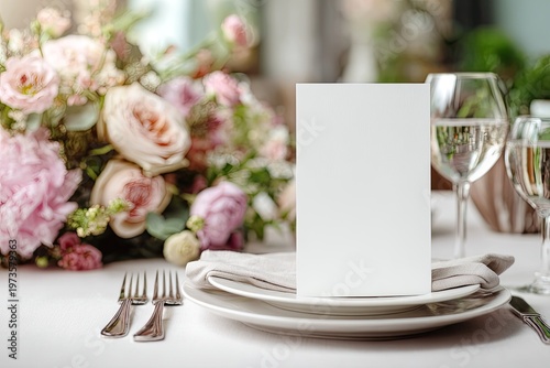 Elegant Wedding Table Setting with Floral Arrangement and Menu Card.