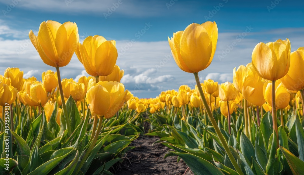 Fototapeta premium Vibrant Yellow Tulips Field Under a Cloudy Sky.