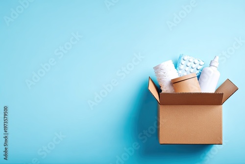 Cardboard box filled with various household items on a blue background.