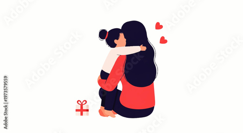 Vector flat design illustration of a mother hugging her child with love and affection, celebrating family bonds