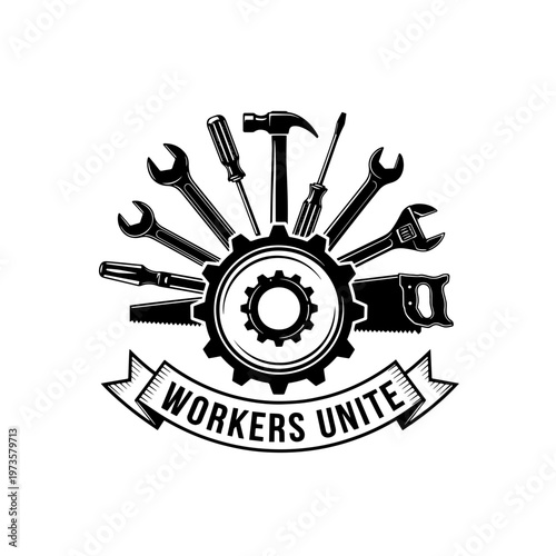 Vintage Workers Unite Labor Union Emblem Illustration.svg