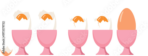 Soft boiled egg in egg cup sequence with cracked shell stages flat vector illustration breakfast food isolated background