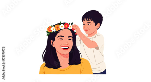 Vector flat design illustration of a happy mother and son bonding as he places a flower crown on her head