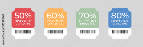 Discount voucher tickets with percentage labels and barcode, colorful coupon set for retail sale promotion
