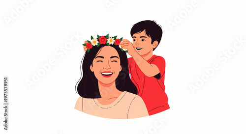 Vector flat design illustration of a happy mother receiving a flower crown from her loving son, celebrating family bond