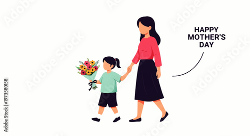 Vector flat design illustration of a mother and daughter holding hands, celebrating Mother's Day with flowers